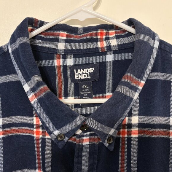 Lands' End Men's L/S Navy Blue Plaid Flagship Flannel Button-Down Shirt Top 4XL - Picture 3 of 9